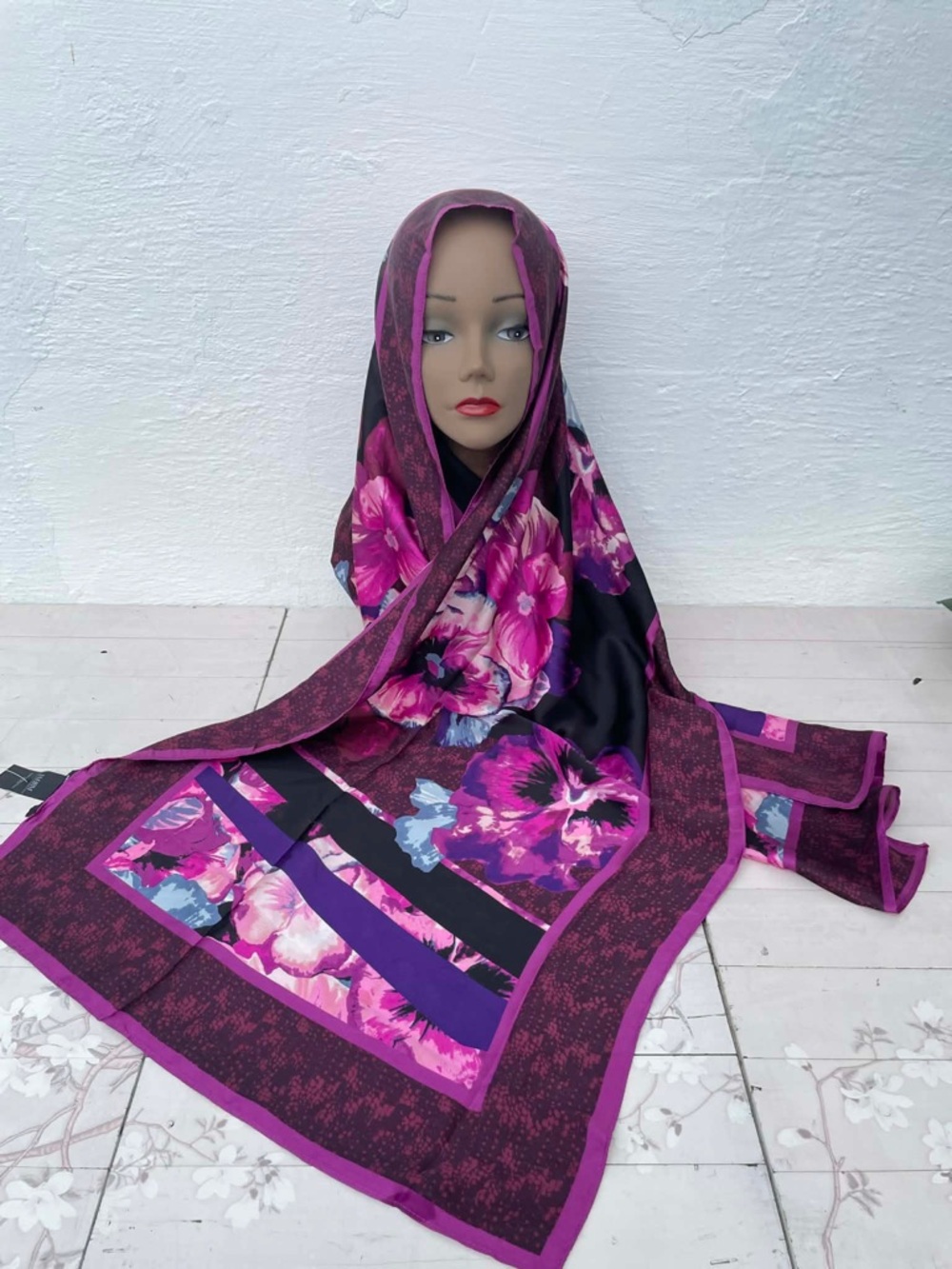 White House Black Market Purple and Black Floral Wrap Scarf